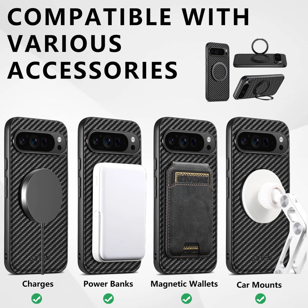 For Google Pixel 9 Pro XL Pixel 9 8 7 6 Pro 8A 7A 6A Carbon Fiber Case,[Compatible with Magnetic] Built in Kickstand Phone Cover - DOKUTRONIX
