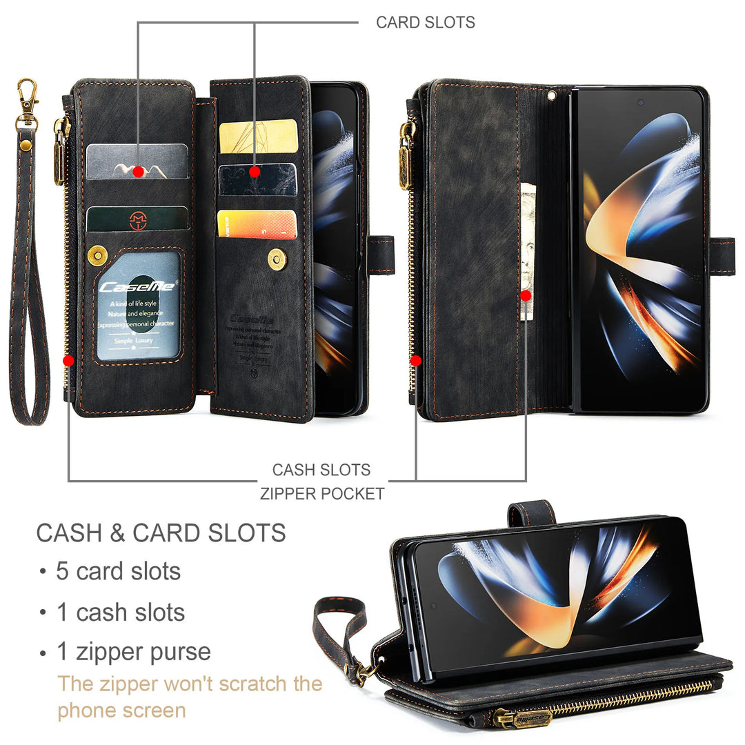 for Samsung Galaxy Z Fold 3/4 Wallet Case,Durable PU Leather Magnetic Wallet Flip Lanyard Strap Wristlet Zipper Card Holder Case - DOKUTRONIX