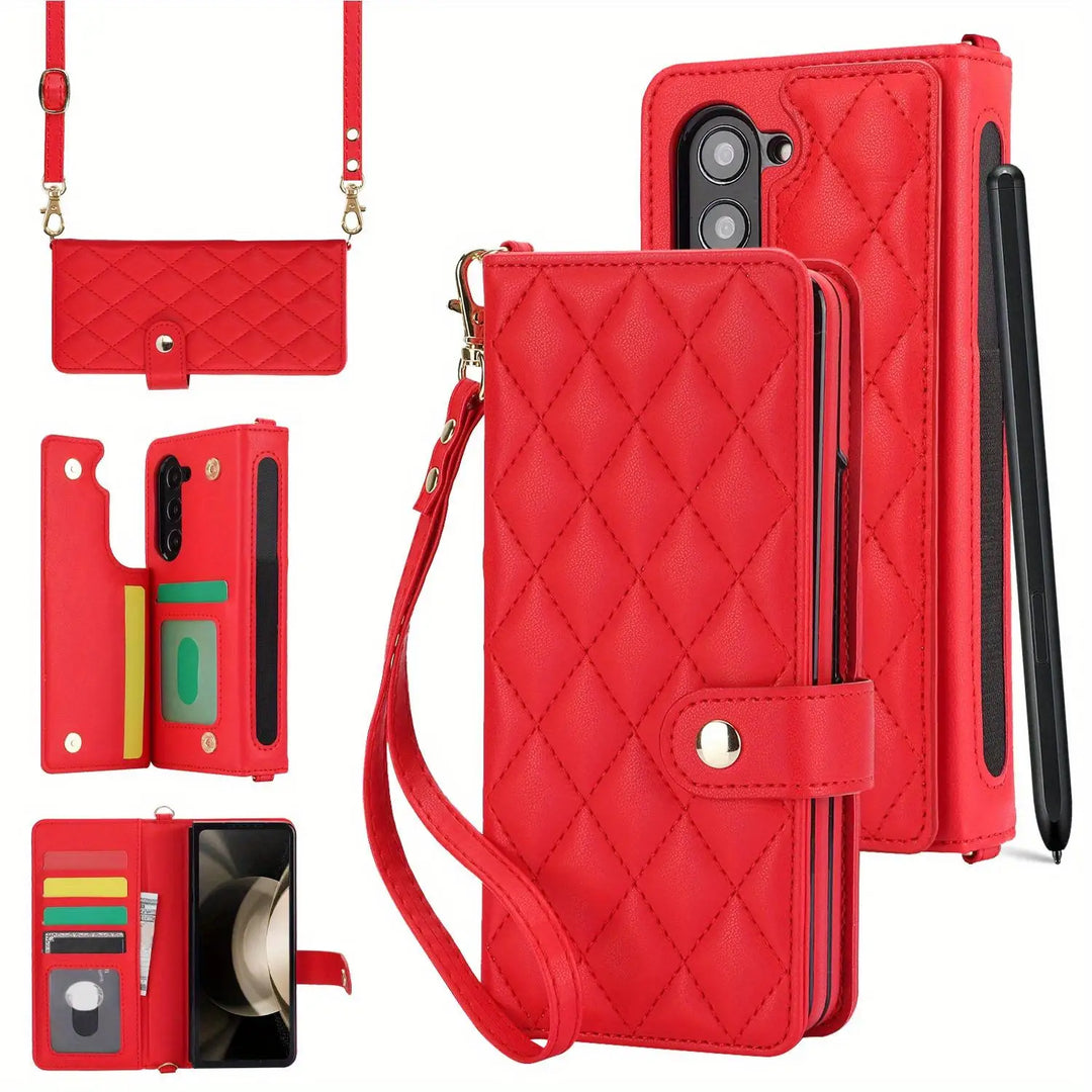PU Leather Flip Wallet Case For Samsung Galaxy Z Fold 6 5 4 3 5G With Holder Crossbody Wrist Strap Card Slot Stand Phone Cover - DOKUTRONIX