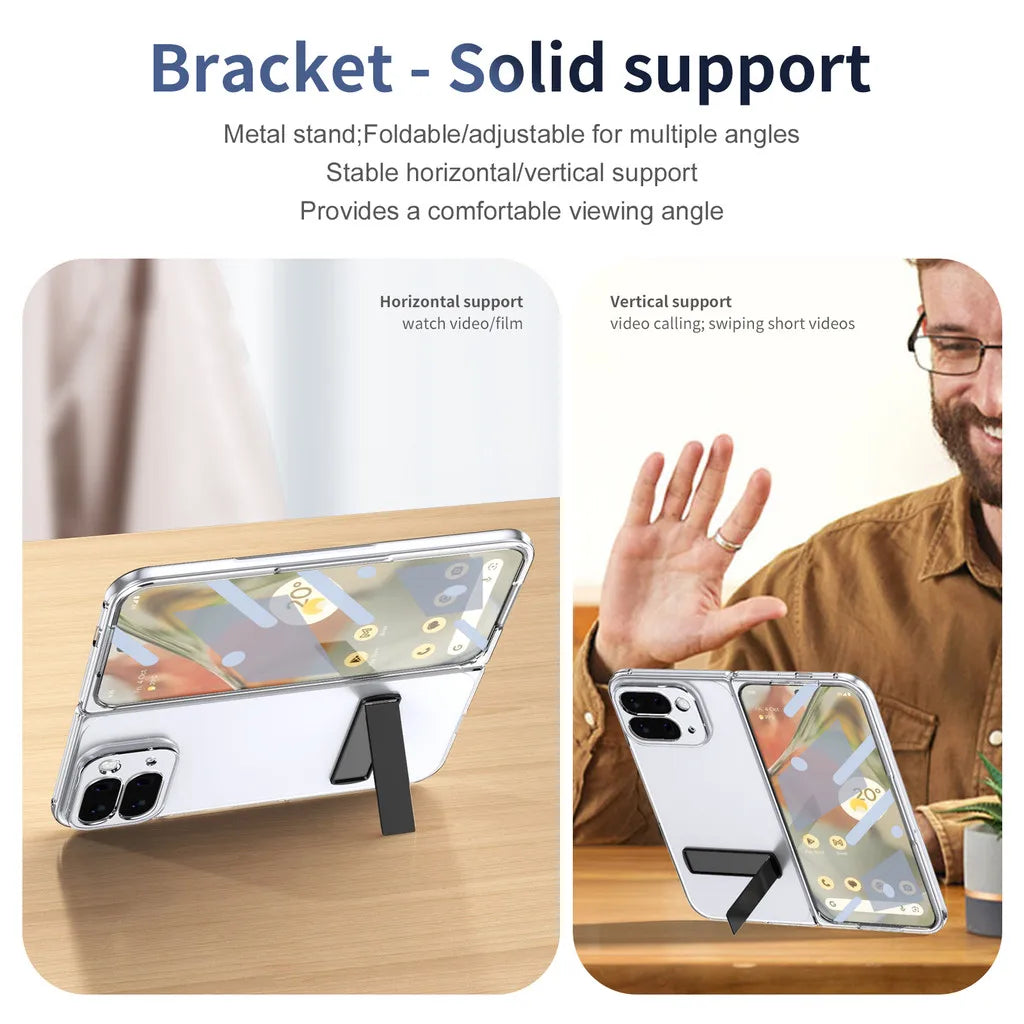 Kickstand Clear Steel Film Phone Case For Google Pixel 10 Pro Fold Transparent Shockproof Bumper Folding Phone Back Cover - DOKUTRONIX