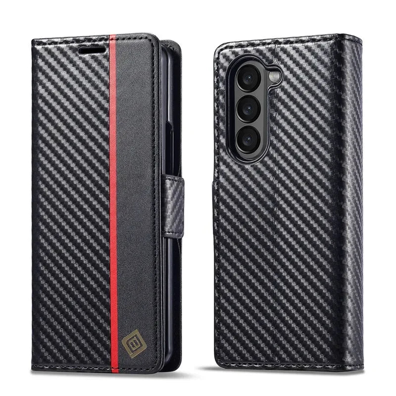 PU Carbon Fiber Leather Wallet Phone Case For Samsung Galaxy Z Fold 6 5 4 3 Magnetic Flip Book Holder Cover For Galaxy Z Fold6 - DOKUTRONIX