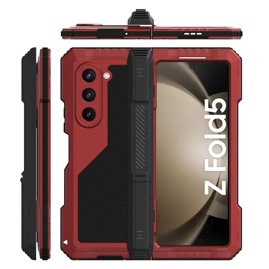 3 Layers Heavy Duty Metal Phone Case For Samsung Z Fold 6 5 4 Shockproof Aluminium Silicone Cover With Stand Screen Soft Film - DOKUTRONIX