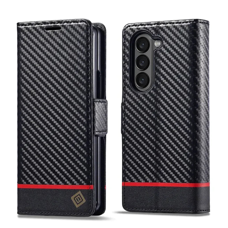 PU Carbon Fiber Leather Wallet Phone Case For Samsung Galaxy Z Fold 6 5 4 3 Magnetic Flip Book Holder Cover For Galaxy Z Fold6 - DOKUTRONIX