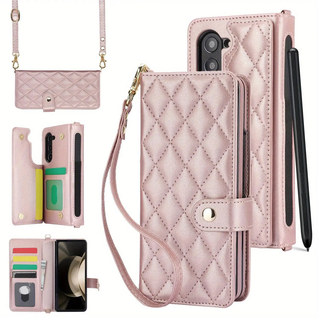 PU Leather Flip Wallet Case For Samsung Galaxy Z Fold 6 5 4 3 5G With Holder Crossbody Wrist Strap Card Slot Stand Phone Cover - DOKUTRONIX