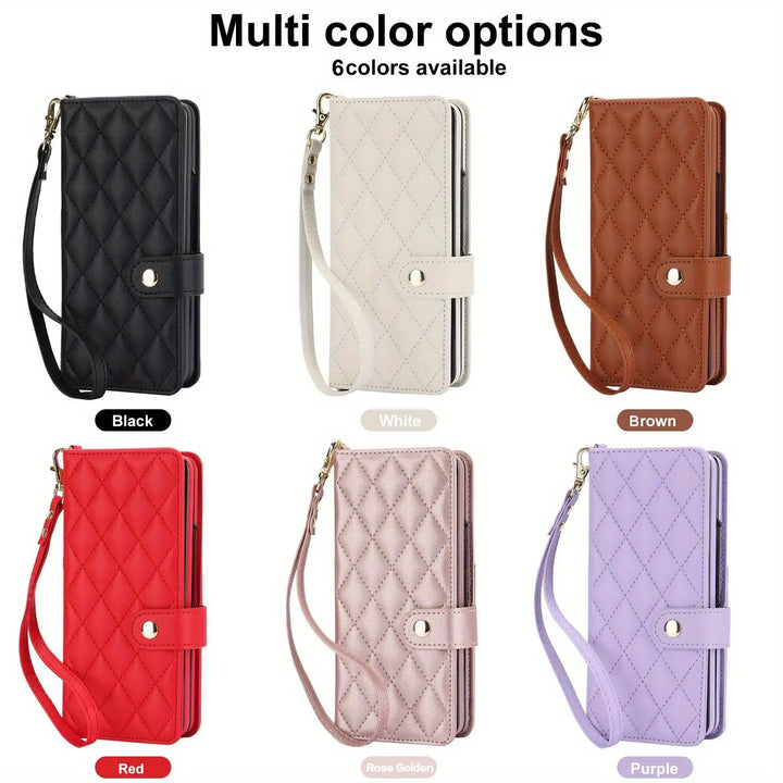 PU Leather Flip Wallet Case For Samsung Galaxy Z Fold 6 5 4 3 5G With Holder Crossbody Wrist Strap Card Slot Stand Phone Cover - DOKUTRONIX