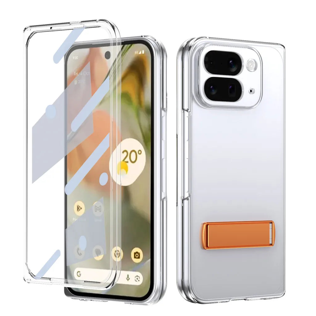 Kickstand Clear Steel Film Phone Case For Google Pixel 10 Pro Fold Transparent Shockproof Bumper Folding Phone Back Cover - DOKUTRONIX