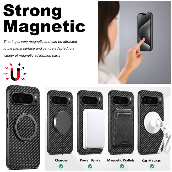 For Google Pixel 9 Pro XL Pixel 9 8 7 6 Pro 8A 7A 6A Carbon Fiber Case,[Compatible with Magnetic] Built in Kickstand Phone Cover - DOKUTRONIX