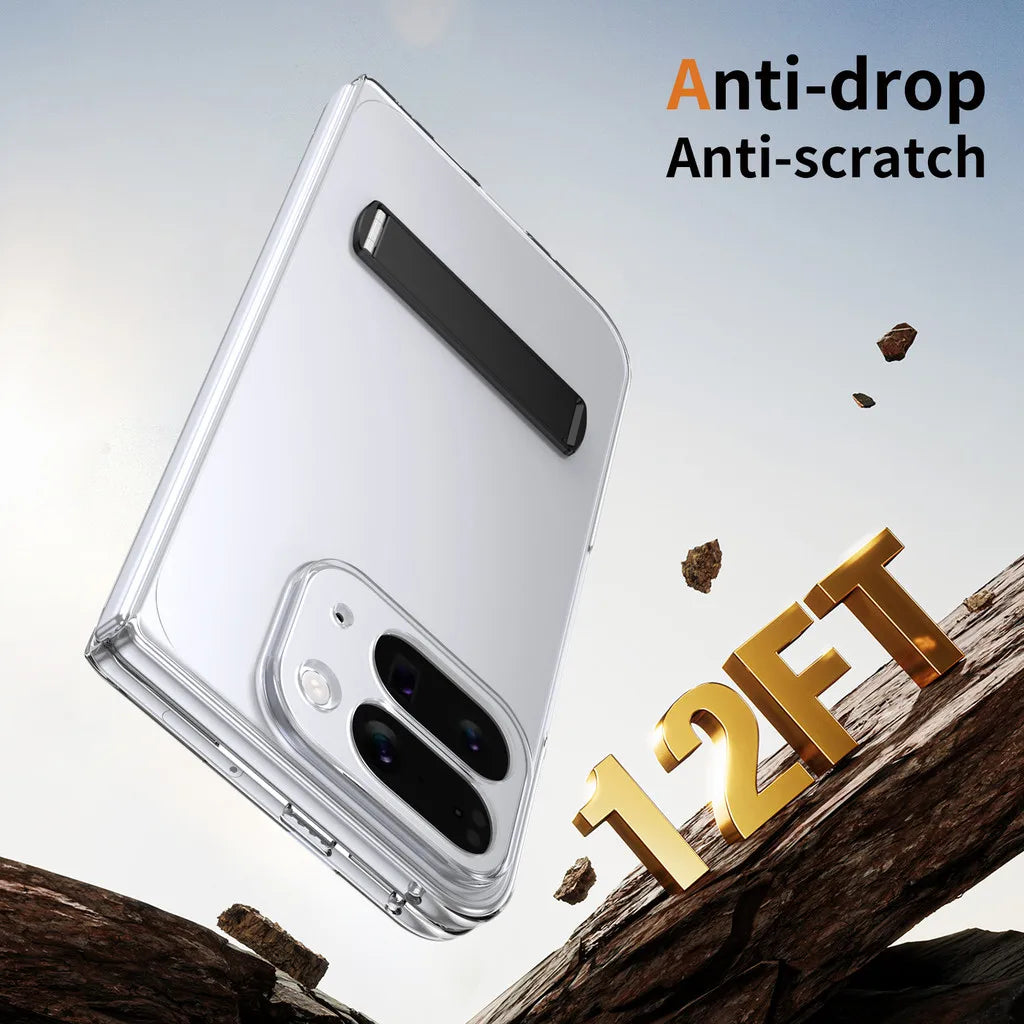 Kickstand Clear Steel Film Phone Case For Google Pixel 10 Pro Fold Transparent Shockproof Bumper Folding Phone Back Cover - DOKUTRONIX