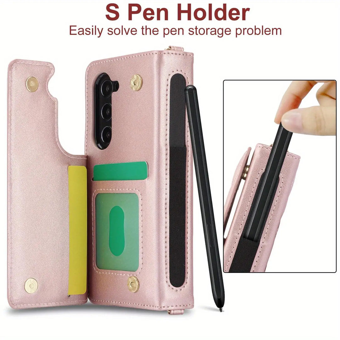 PU Leather Flip Wallet Case For Samsung Galaxy Z Fold 6 5 4 3 5G With Holder Crossbody Wrist Strap Card Slot Stand Phone Cover - DOKUTRONIX
