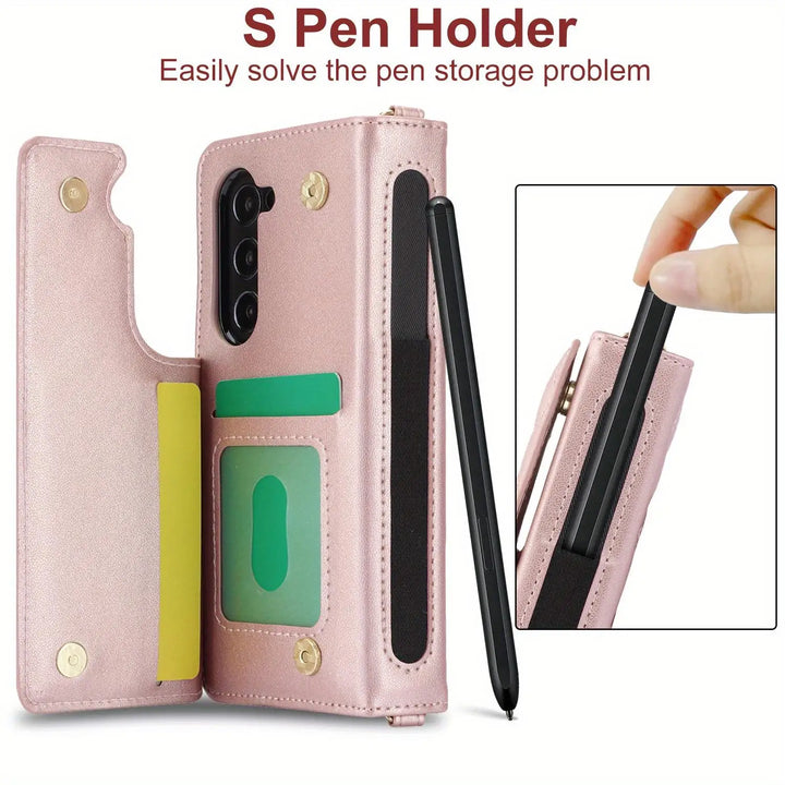 PU Leather Flip Wallet Case For Samsung Galaxy Z Fold 6 5 4 3 5G With Holder Crossbody Wrist Strap Card Slot Stand Phone Cover - DOKUTRONIX