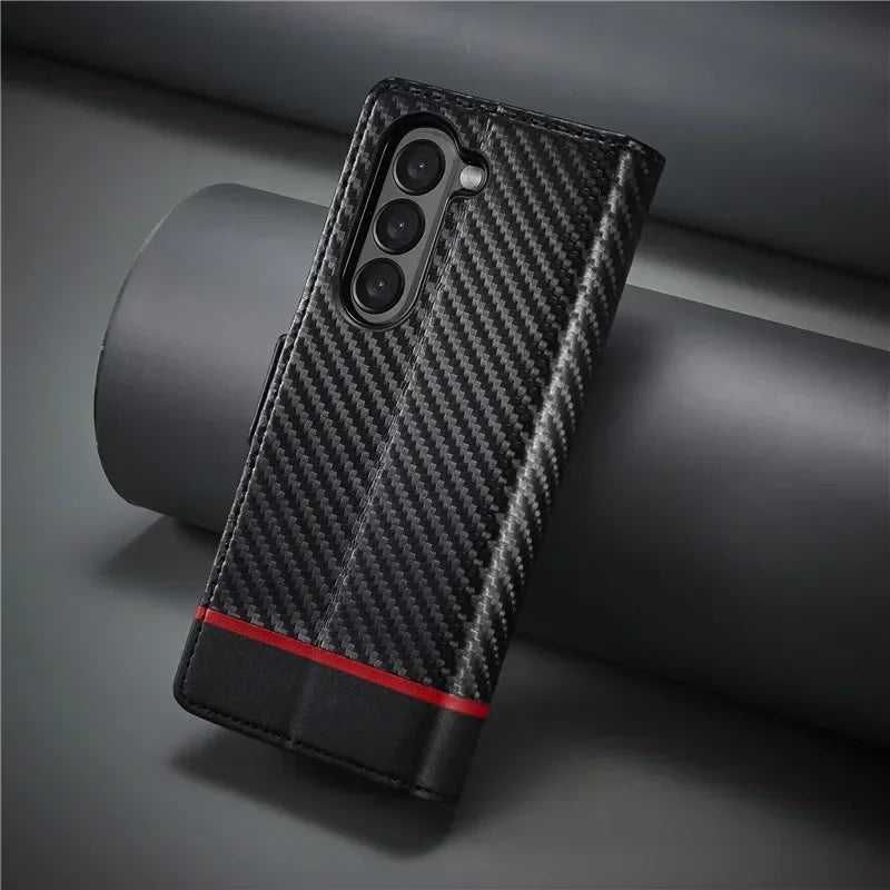 PU Carbon Fiber Leather Wallet Phone Case For Samsung Galaxy Z Fold 6 5 4 3 Magnetic Flip Book Holder Cover For Galaxy Z Fold6 - DOKUTRONIX