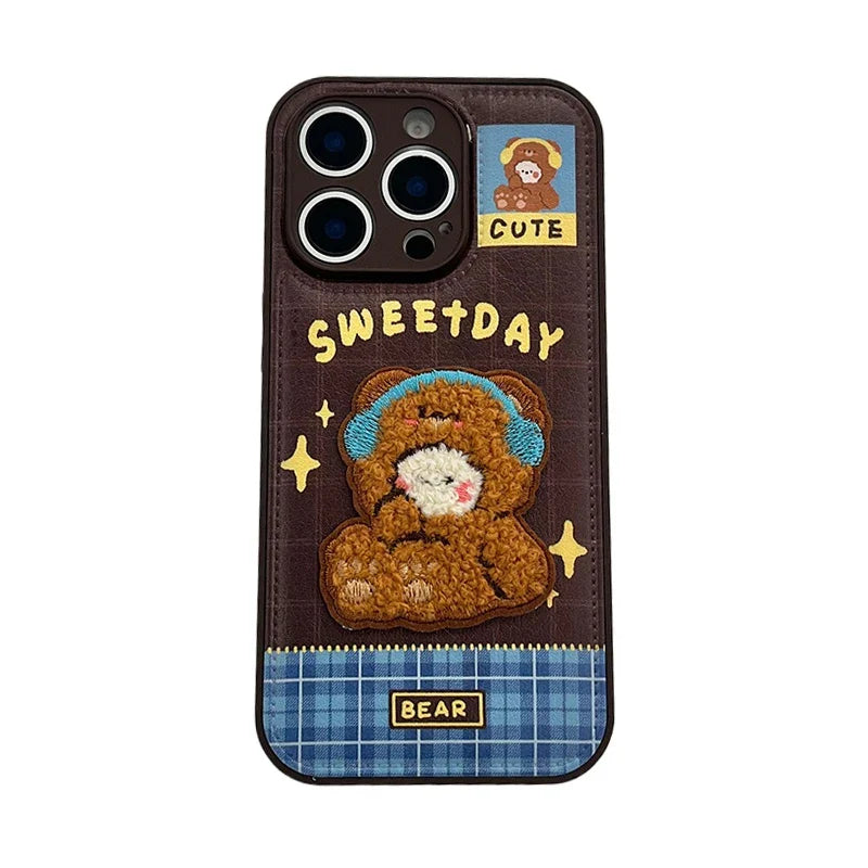 Cute 3D Plush Embroidered Rabbit Bear Phone Case
