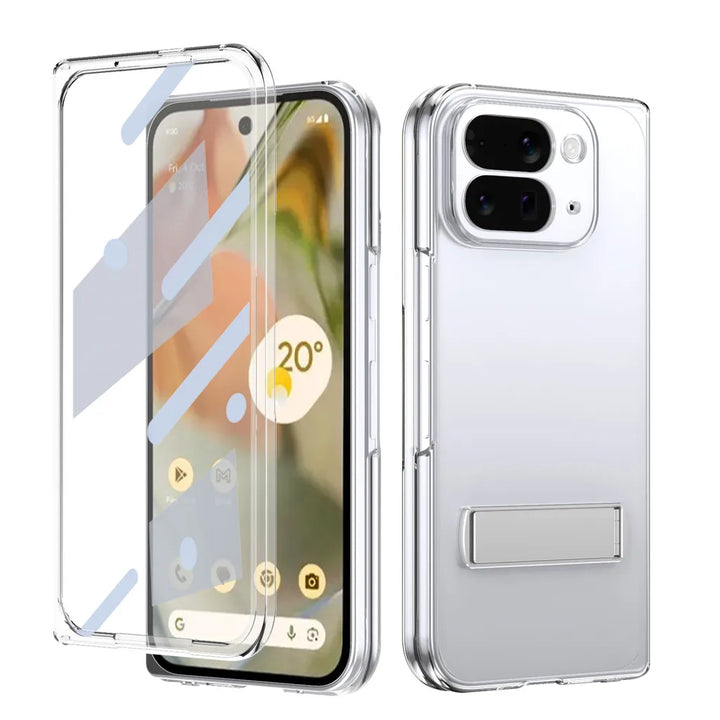 Kickstand Clear Steel Film Phone Case For Google Pixel 10 Pro Fold Transparent Shockproof Bumper Folding Phone Back Cover - DOKUTRONIX