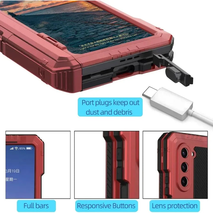3 Layers Heavy Duty Metal Phone Case For Samsung Z Fold 6 5 4 Shockproof Aluminium Silicone Cover With Stand Screen Soft Film - DOKUTRONIX