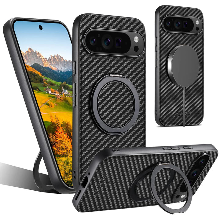 For Google Pixel 9 Pro XL Pixel 9 8 7 6 Pro 8A 7A 6A Carbon Fiber Case,[Compatible with Magnetic] Built in Kickstand Phone Cover - DOKUTRONIX