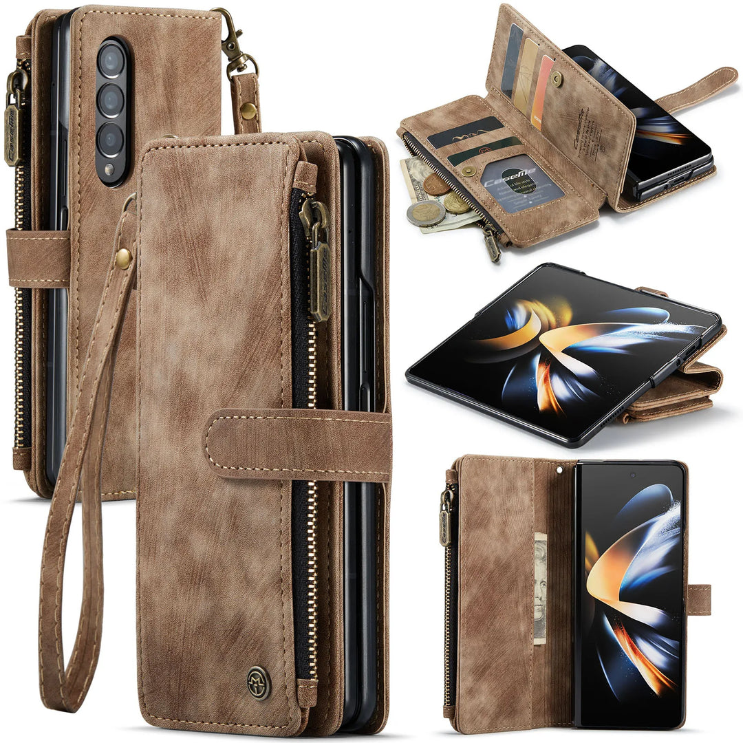 for Samsung Galaxy Z Fold 3/4 Wallet Case,Durable PU Leather Magnetic Wallet Flip Lanyard Strap Wristlet Zipper Card Holder Case - DOKUTRONIX
