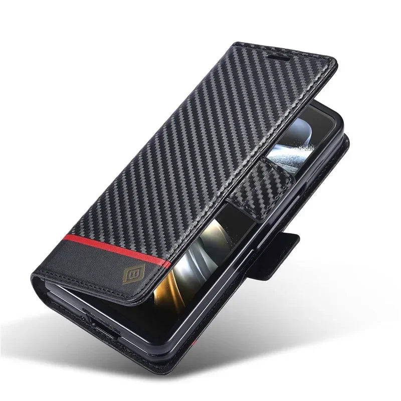 PU Carbon Fiber Leather Wallet Phone Case For Samsung Galaxy Z Fold 6 5 4 3 Magnetic Flip Book Holder Cover For Galaxy Z Fold6 - DOKUTRONIX