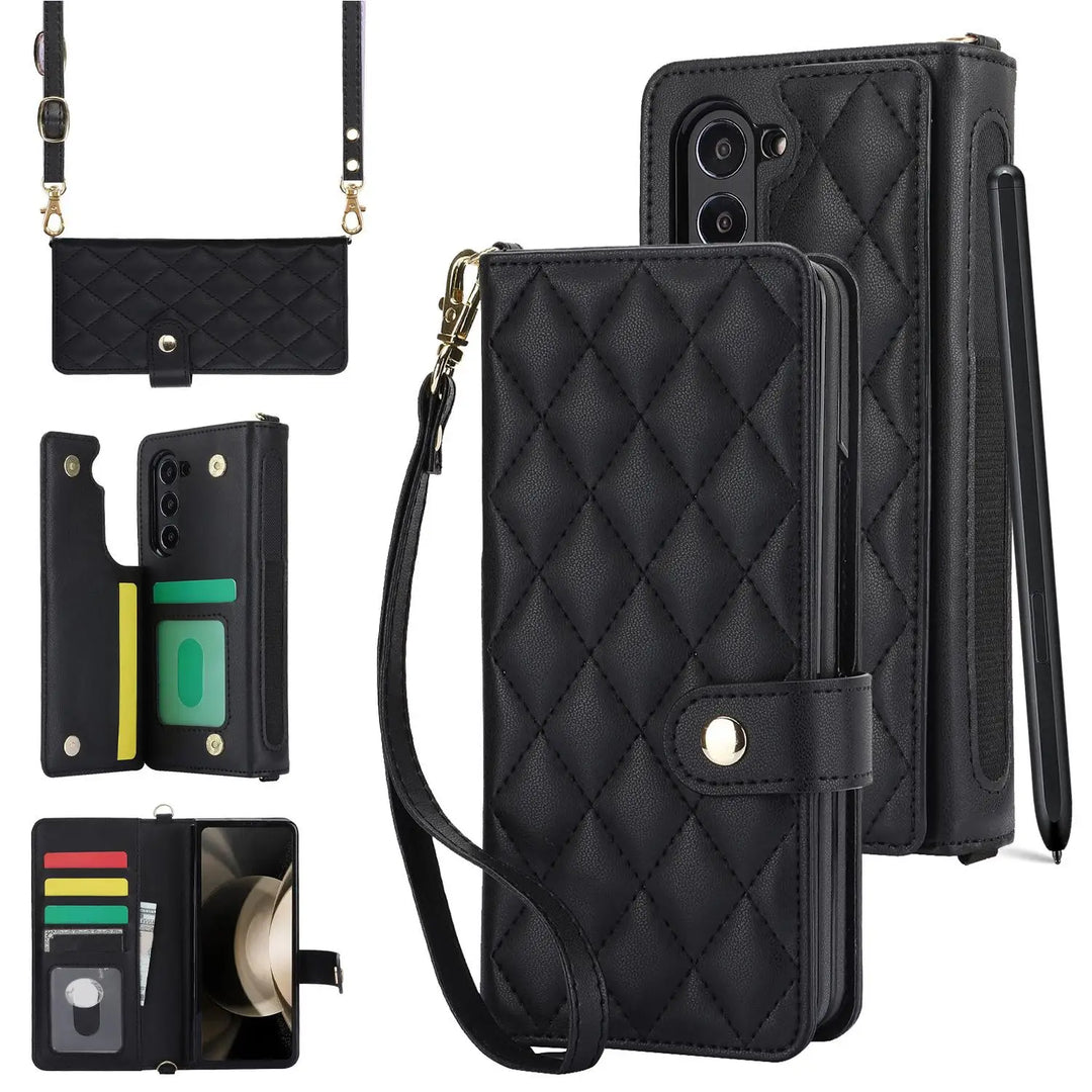 PU Leather Flip Wallet Case For Samsung Galaxy Z Fold 6 5 4 3 5G With Holder Crossbody Wrist Strap Card Slot Stand Phone Cover - DOKUTRONIX