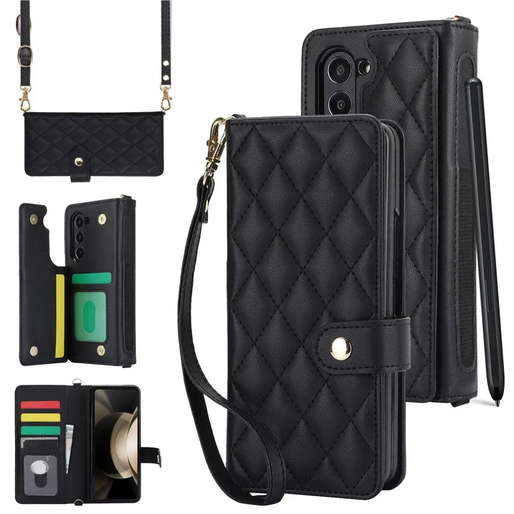 PU Leather Flip Wallet Case For Samsung Galaxy Z Fold 6 5 4 3 5G With Holder Crossbody Wrist Strap Card Slot Stand Phone Cover - DOKUTRONIX