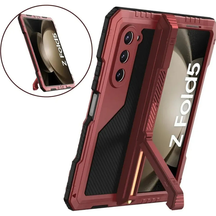 3 Layers Heavy Duty Metal Phone Case For Samsung Z Fold 6 5 4 Shockproof Aluminium Silicone Cover With Stand Screen Soft Film - DOKUTRONIX
