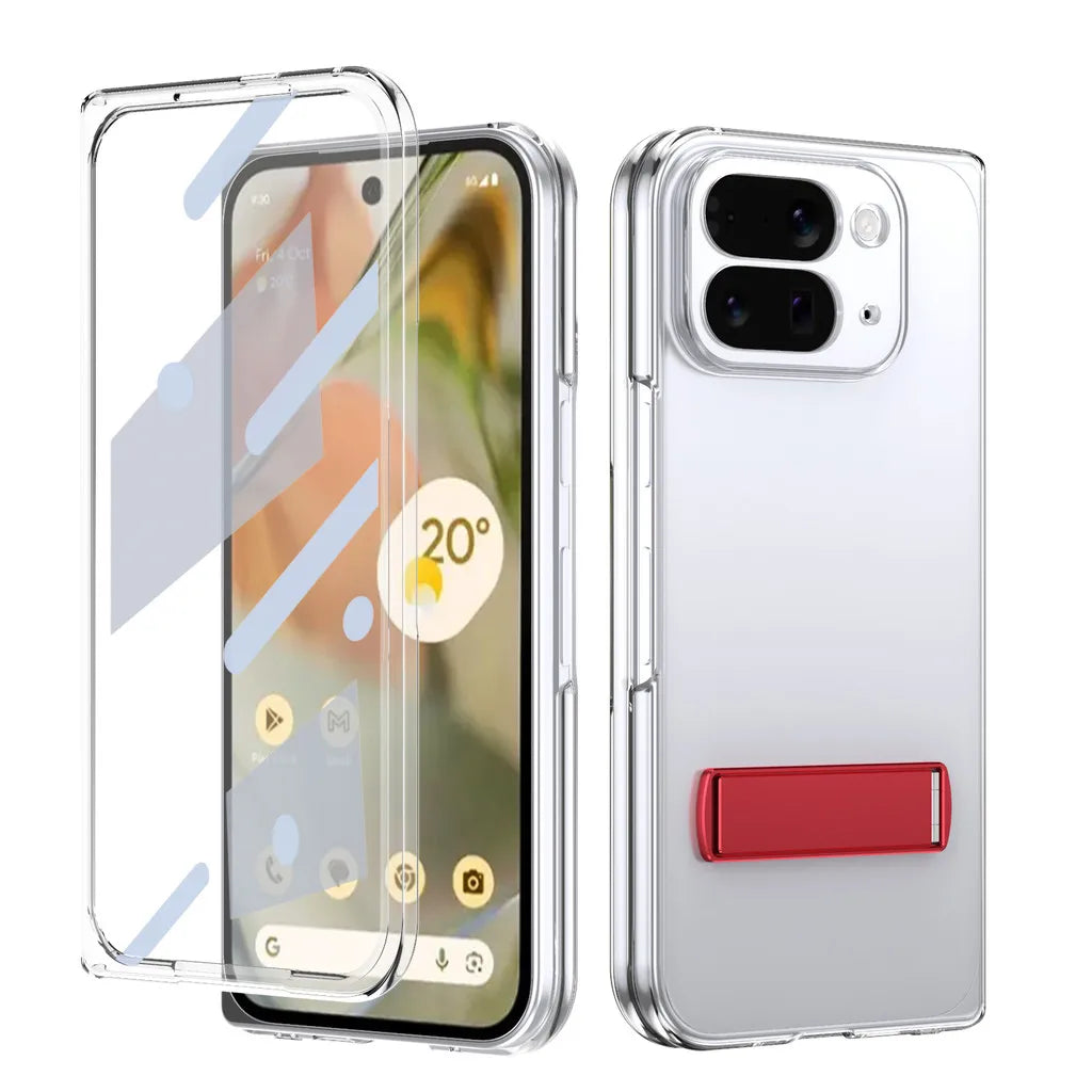 Kickstand Clear Steel Film Phone Case For Google Pixel 10 Pro Fold Transparent Shockproof Bumper Folding Phone Back Cover - DOKUTRONIX