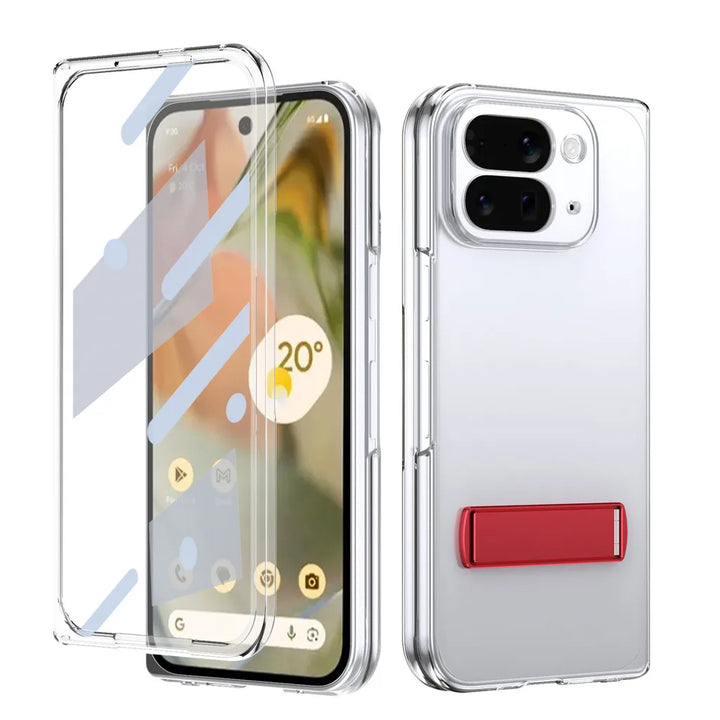 Kickstand Clear Steel Film Phone Case For Google Pixel 10 Pro Fold Transparent Shockproof Bumper Folding Phone Back Cover - DOKUTRONIX