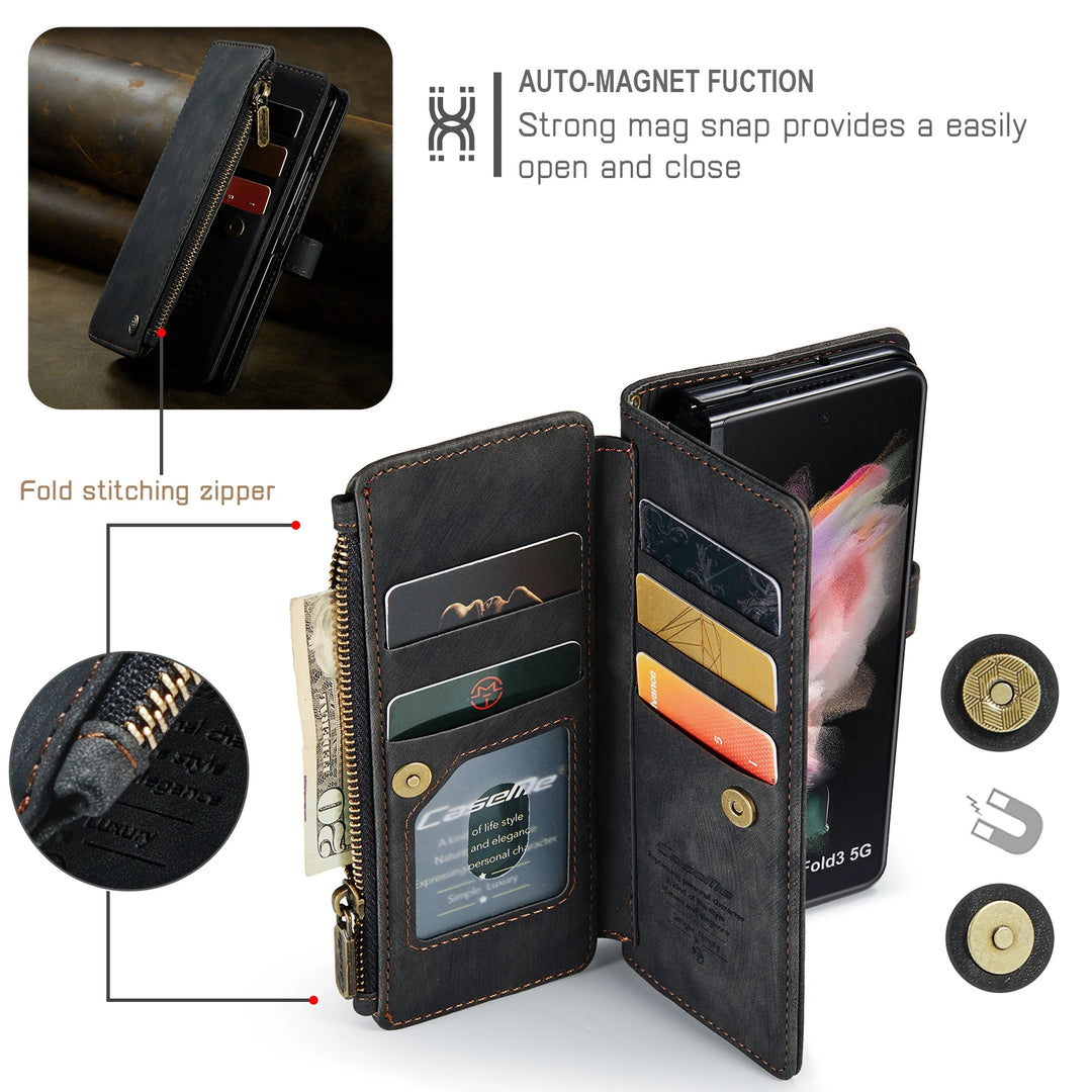 for Samsung Galaxy Z Fold 3/4 Wallet Case,Durable PU Leather Magnetic Wallet Flip Lanyard Strap Wristlet Zipper Card Holder Case - DOKUTRONIX
