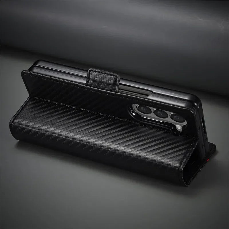 PU Carbon Fiber Leather Wallet Phone Case For Samsung Galaxy Z Fold 6 5 4 3 Magnetic Flip Book Holder Cover For Galaxy Z Fold6 - DOKUTRONIX