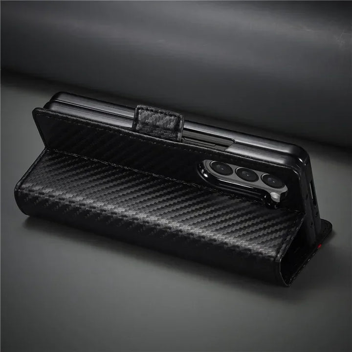 PU Carbon Fiber Leather Wallet Phone Case For Samsung Galaxy Z Fold 6 5 4 3 Magnetic Flip Book Holder Cover For Galaxy Z Fold6 - DOKUTRONIX