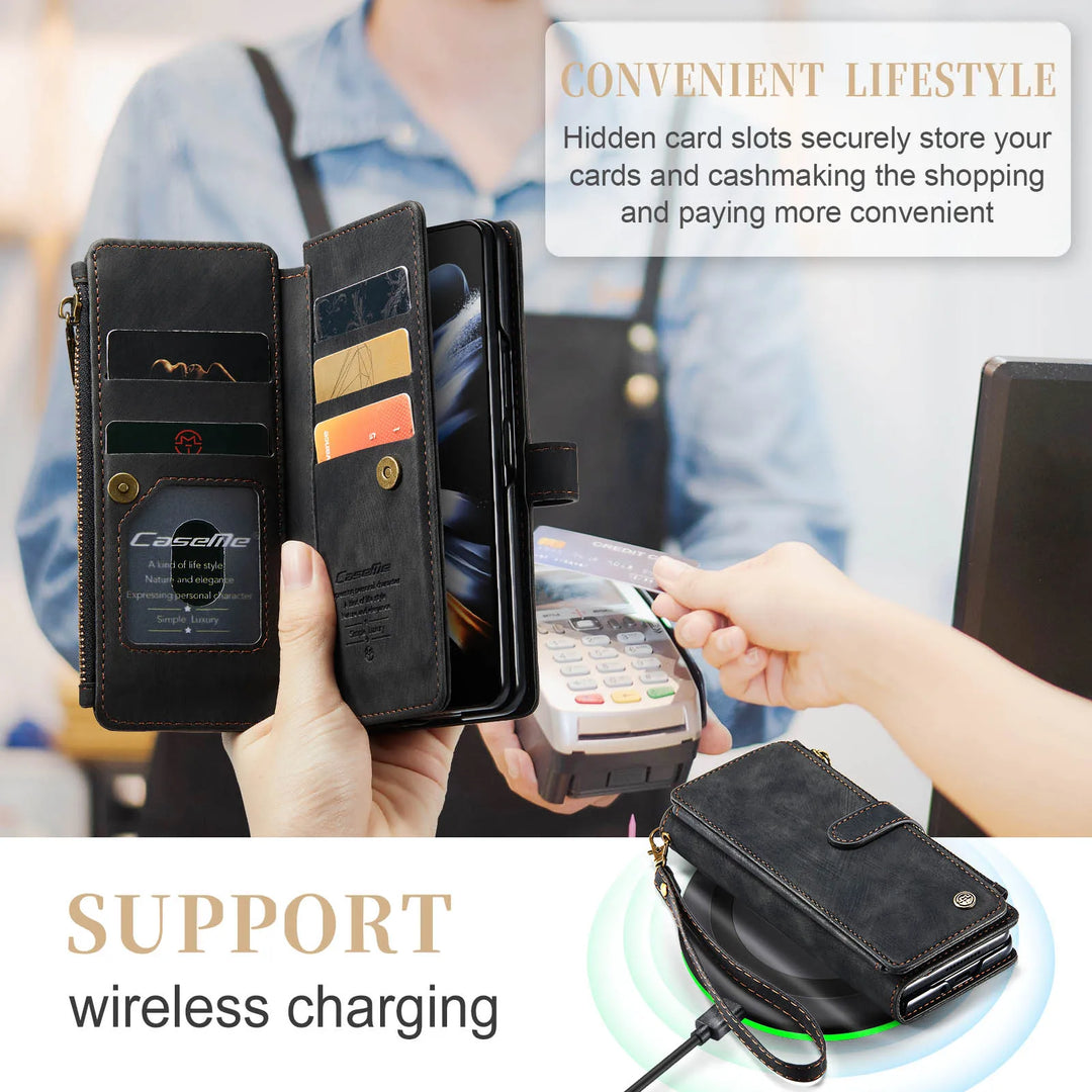for Samsung Galaxy Z Fold 3/4 Wallet Case,Durable PU Leather Magnetic Wallet Flip Lanyard Strap Wristlet Zipper Card Holder Case - DOKUTRONIX