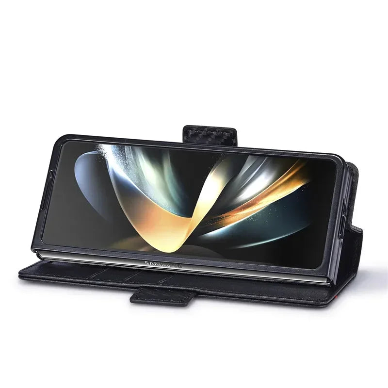 PU Carbon Fiber Leather Wallet Phone Case For Samsung Galaxy Z Fold 6 5 4 3 Magnetic Flip Book Holder Cover For Galaxy Z Fold6 - DOKUTRONIX