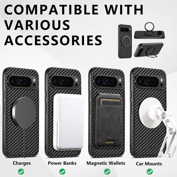 For Google Pixel 9 Pro XL Pixel 9 8 7 6 Pro 8A 7A 6A Carbon Fiber Case,[Compatible with Magnetic] Built in Kickstand Phone Cover - DOKUTRONIX