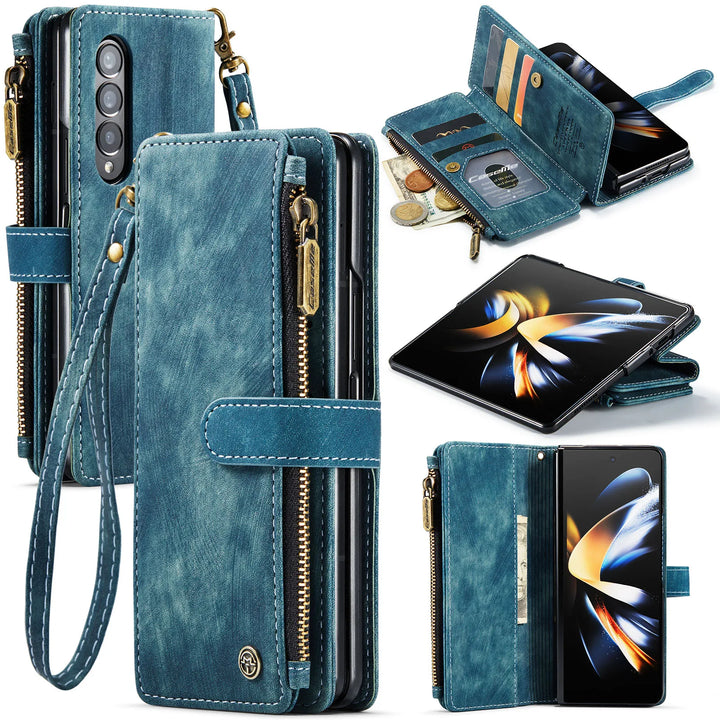 for Samsung Galaxy Z Fold 3/4 Wallet Case,Durable PU Leather Magnetic Wallet Flip Lanyard Strap Wristlet Zipper Card Holder Case - DOKUTRONIX