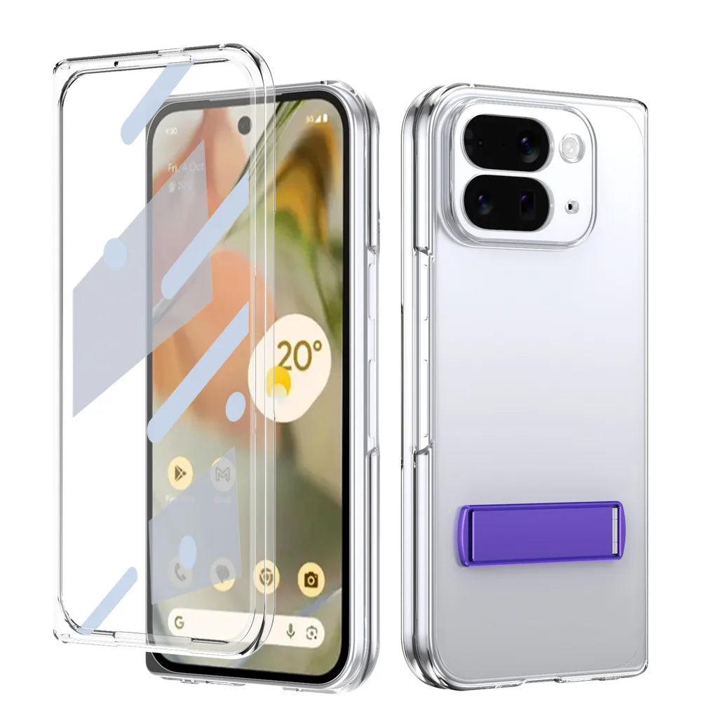 Kickstand Clear Steel Film Phone Case For Google Pixel 10 Pro Fold Transparent Shockproof Bumper Folding Phone Back Cover - DOKUTRONIX