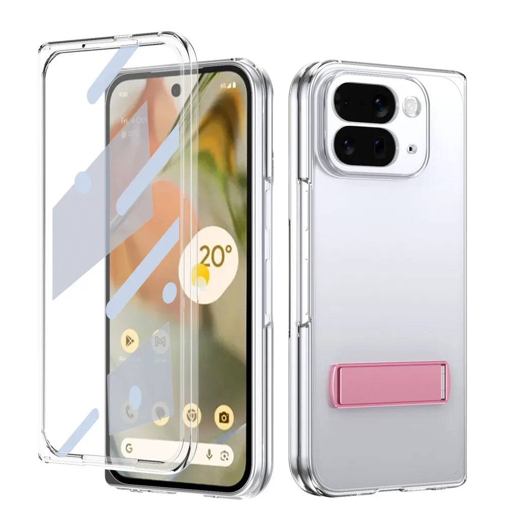 Kickstand Clear Steel Film Phone Case For Google Pixel 10 Pro Fold Transparent Shockproof Bumper Folding Phone Back Cover - DOKUTRONIX