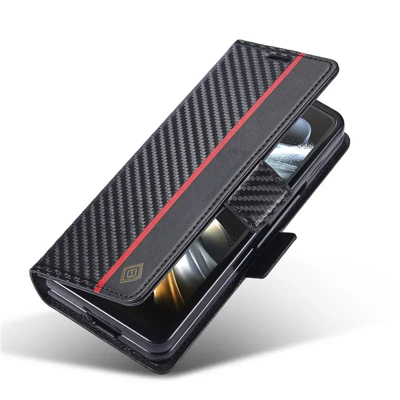 PU Carbon Fiber Leather Wallet Phone Case For Samsung Galaxy Z Fold 6 5 4 3 Magnetic Flip Book Holder Cover For Galaxy Z Fold6 - DOKUTRONIX