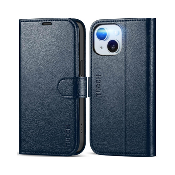 TUCCH Wallet Case for iPhone 15 - Navy Blue Textured