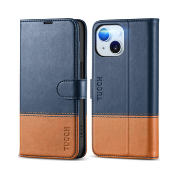 TUCCH Wallet Case for iPhone 15 - Dark Blue & Brown