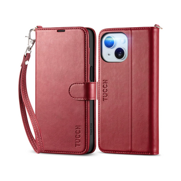 TUCCH Wallet Case for iPhone 15 - Dark Red with Strap