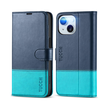 TUCCH Wallet Case for iPhone 15 - Dark Blue & Lake Blue