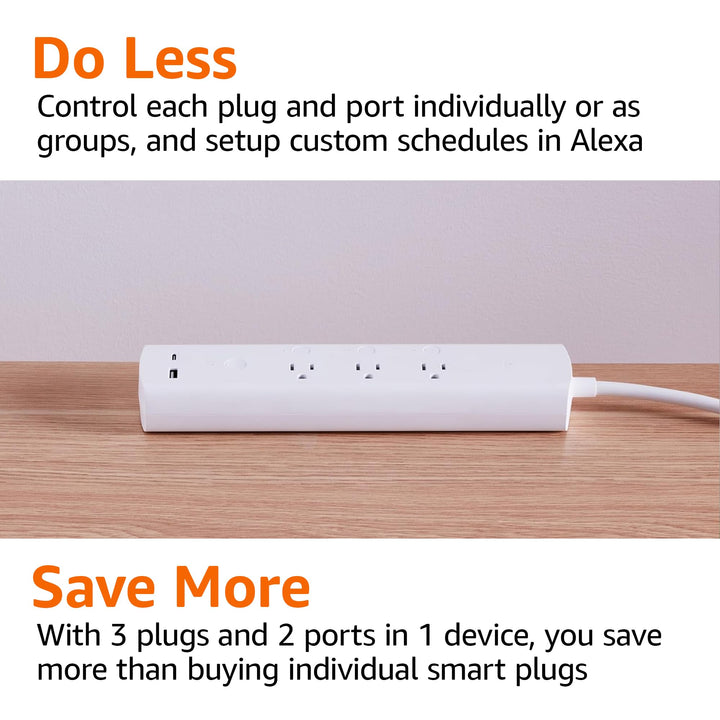 Amazon Basics Smart Plug Power Strip with 3 Individually Controlled Outlets and 2 USB Ports (1 USB-A and 1 USB-C), Works with Alexa Only, 2.4 GHz Wi-Fi, No Hub Required, White - DOKUTRONIX