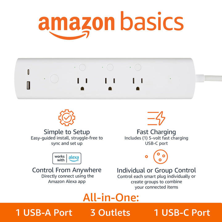 Amazon Basics Smart Plug Power Strip with 3 Individually Controlled Outlets and 2 USB Ports (1 USB-A and 1 USB-C), Works with Alexa Only, 2.4 GHz Wi-Fi, No Hub Required, White - DOKUTRONIX