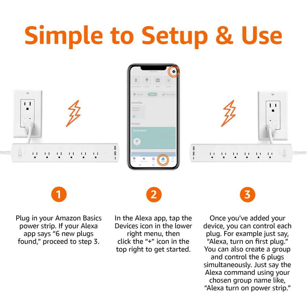 Amazon Basics Smart Plug Power Strip with 3 Individually Controlled Outlets and 2 USB Ports (1 USB-A and 1 USB-C), Works with Alexa Only, 2.4 GHz Wi-Fi, No Hub Required, White - DOKUTRONIX