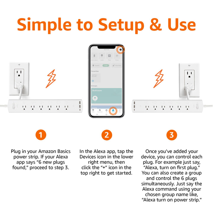 Amazon Basics Smart Plug Power Strip with 3 Individually Controlled Outlets and 2 USB Ports (1 USB-A and 1 USB-C), Works with Alexa Only, 2.4 GHz Wi-Fi, No Hub Required, White - DOKUTRONIX