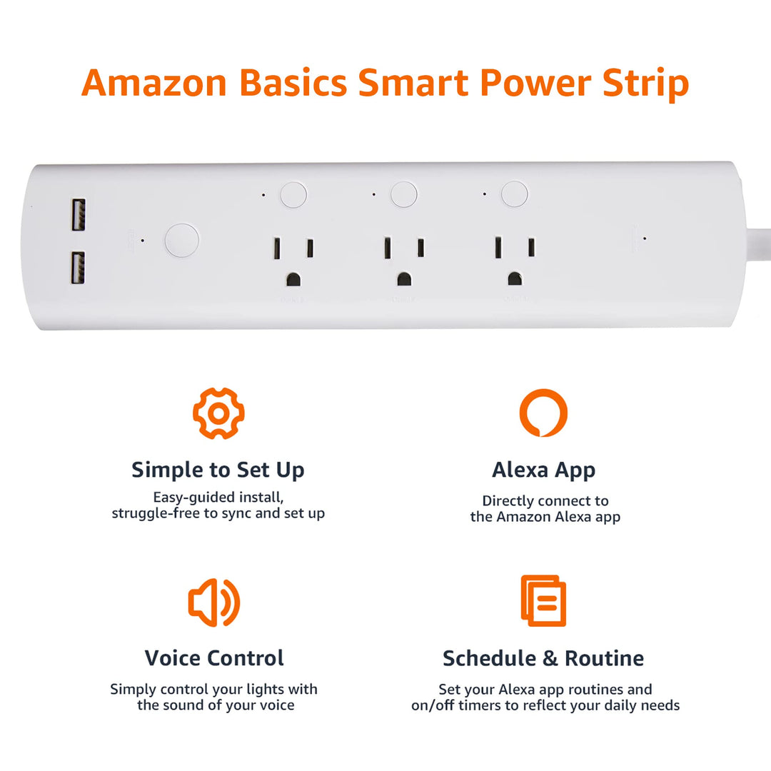 Amazon Basics Smart Plug Power Strip with 3 Individually Controlled Outlets and 2 USB Ports (1 USB-A and 1 USB-C), Works with Alexa Only, 2.4 GHz Wi-Fi, No Hub Required, White - DOKUTRONIX