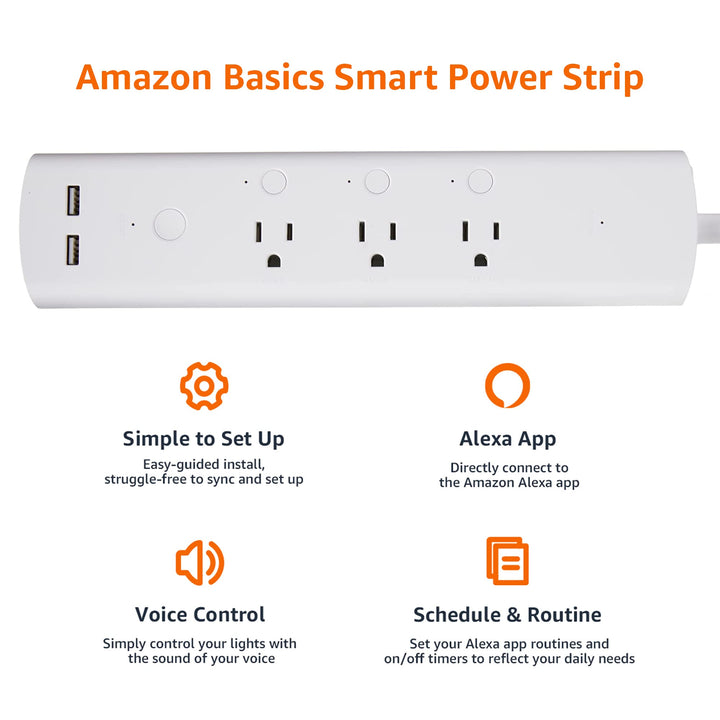 Amazon Basics Smart Plug Power Strip with 3 Individually Controlled Outlets and 2 USB Ports (1 USB-A and 1 USB-C), Works with Alexa Only, 2.4 GHz Wi-Fi, No Hub Required, White - DOKUTRONIX