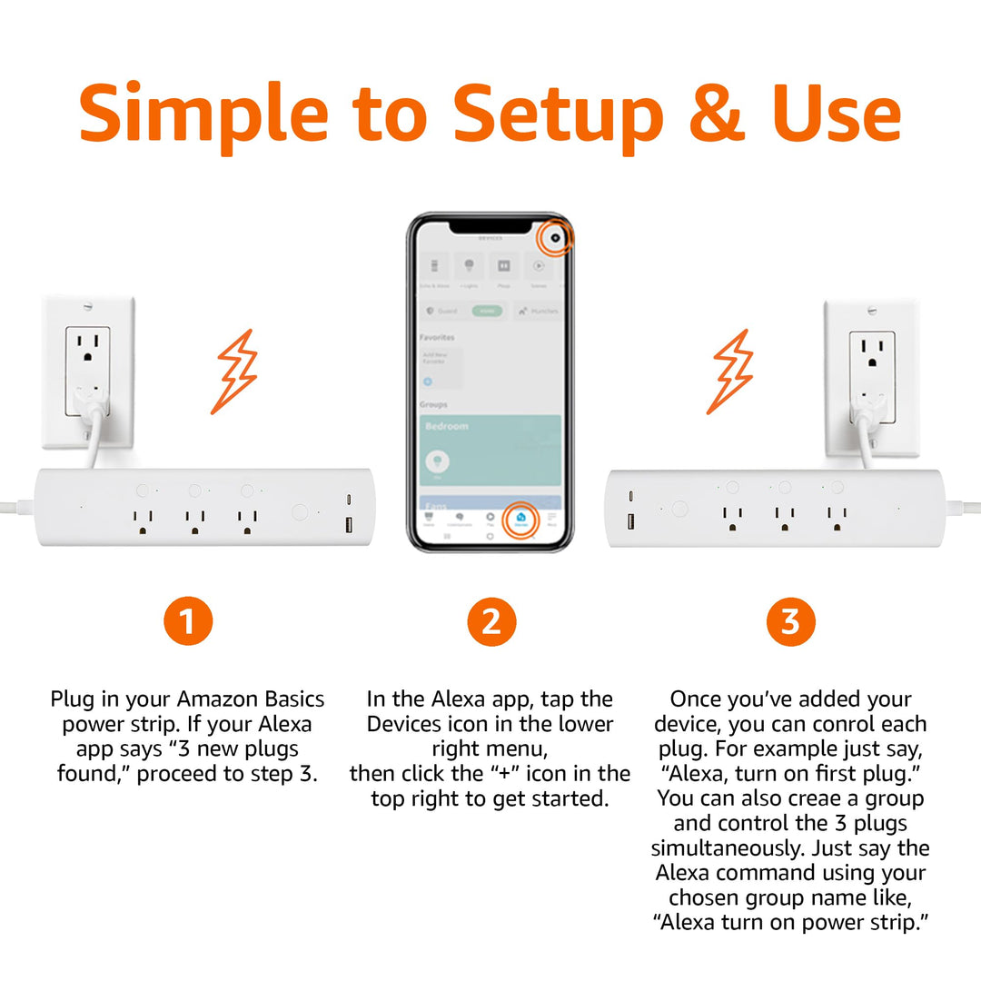 Amazon Basics Smart Plug Power Strip with 3 Individually Controlled Outlets and 2 USB Ports (1 USB-A and 1 USB-C), Works with Alexa Only, 2.4 GHz Wi-Fi, No Hub Required, White - DOKUTRONIX