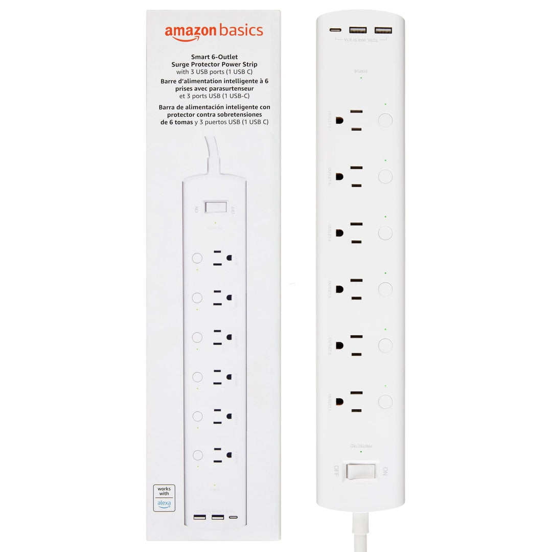 Amazon Basics Smart Plug Power Strip with 3 Individually Controlled Outlets and 2 USB Ports (1 USB-A and 1 USB-C), Works with Alexa Only, 2.4 GHz Wi-Fi, No Hub Required, White - DOKUTRONIX
