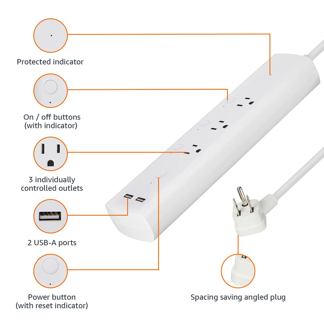 Amazon Basics Smart Plug Power Strip with 3 Individually Controlled Outlets and 2 USB Ports (1 USB-A and 1 USB-C), Works with Alexa Only, 2.4 GHz Wi-Fi, No Hub Required, White - DOKUTRONIX