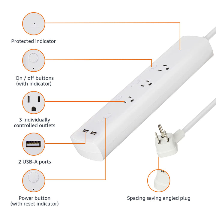 Amazon Basics Smart Plug Power Strip with 3 Individually Controlled Outlets and 2 USB Ports (1 USB-A and 1 USB-C), Works with Alexa Only, 2.4 GHz Wi-Fi, No Hub Required, White - DOKUTRONIX